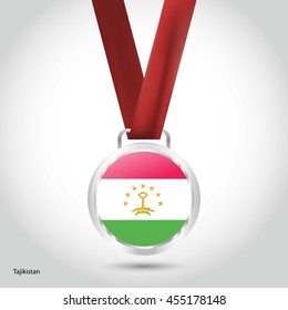 Tajikistan Flag in Silver Medal. Vector Illustration. RIO Olympic Game silver Medal. Vector Illustration