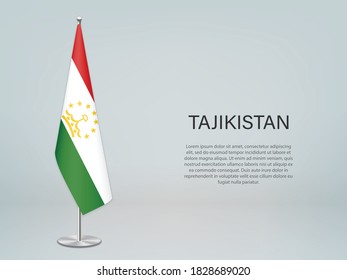 Tajikistan hanging flag on stand. Template for politic conference banner