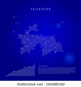 Tajikistan illuminated map with glowing dots. Infographics elements. Dark blue space background. Vector illustration. Growing chart, lorem ipsum text.