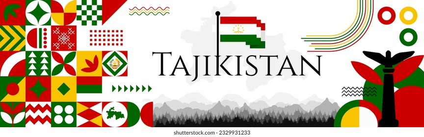 Tajikistan Independence Day abstract banner design with flag and map. Flag color theme geometric pattern retro modern Illustration design. Red and Green flag color template.