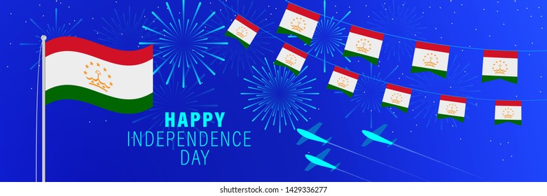 September 9 Tajikistan Independence Day greeting card. Celebration background with fireworks, flags, flagpole and text.