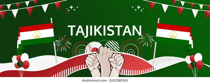 Tajikistan Independence Day modern greeting banner. 9 September Happy National Day. Festive horizontal background in flag colors, great for carnival poster, tourism campaign, holiday flash sale