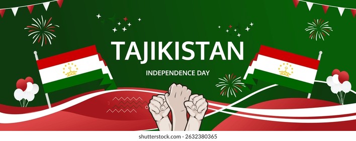 Tajikistan Independence Day modern greeting banner. 9 September Happy National Day. Festive horizontal background in flag colors, great for carnival poster, tourism campaign, holiday flash sale