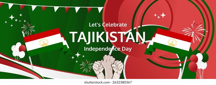 Tajikistan Independence Day modern greeting banner. 9 September Happy National Day. Festive horizontal background in flag colors, great for carnival poster, tourism campaign, holiday flash sale