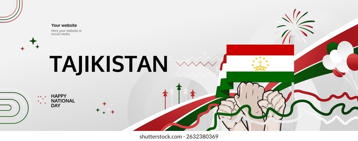 Tajikistan Independence Day modern greeting banner. 9 September Happy National Day. Festive horizontal background in flag colors, great for carnival poster, tourism campaign, holiday flash sale
