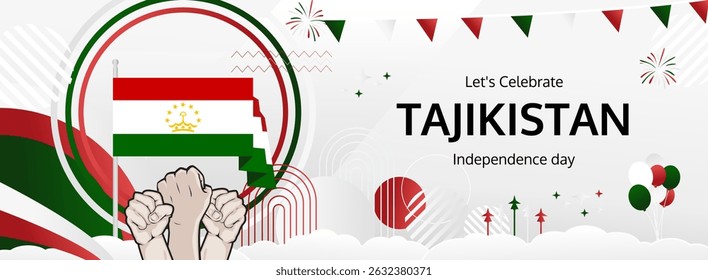 Tajikistan Independence Day modern greeting banner. 9 September Happy National Day. Festive horizontal background in flag colors, great for carnival poster, tourism campaign, holiday flash sale