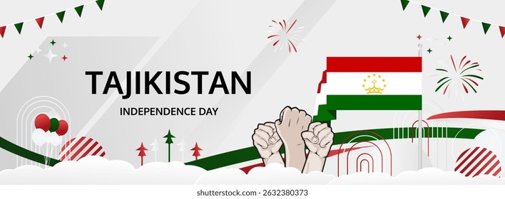 Tajikistan Independence Day modern greeting banner. 9 September Happy National Day. Festive horizontal background in flag colors, great for carnival poster, tourism campaign, holiday flash sale
