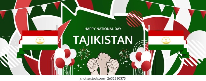 Tajikistan Independence Day modern greeting banner. 9 September Happy National Day. Festive horizontal background in flag colors, great for carnival poster, tourism campaign, holiday flash sale