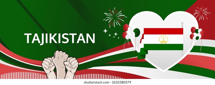 Tajikistan Independence Day modern greeting banner. 9 September Happy National Day. Festive horizontal background in flag colors, great for carnival poster, tourism campaign, holiday flash sale