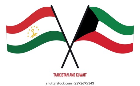 Tajikistan and Kuwait Flags Crossed And Waving Flat Style. Official Proportion. Correct Colors.