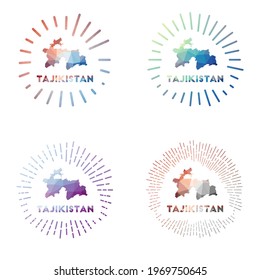 Tajikistan low poly sunburst set. Logo of country in geometric polygonal style. Vector illustration.