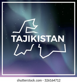 Tajikistan map against the backdrop of polar lights on the starry sky. Aurora Borealis abstract vector background. EPS10 contains transparency, mesh gradients used.