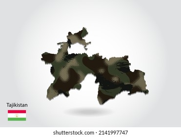 tajikistan map with camouflage pattern, Forest - green texture in map. Military concept for army, soldier and war. coat of arms, flag.