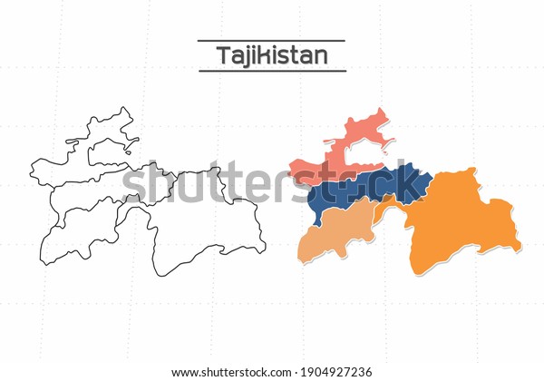 Tajikistan map city vector\
divided by colorful outline simplicity style. Have 2 versions,\
black thin line version and colorful version. Both map were on the\
white background.
