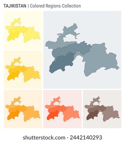 Tajikistan map collection. Country shape with colored regions. Blue, Grey, Yellow, Amber, Orange, Deep Orange, Brown color palettes. Border of Tajikistan with provinces for your infographic.
