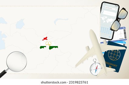 Tajikistan map and flag, cargo plane on the detailed map of Tajikistan with flag, passport, magnifying glass and airplane. Vector template.