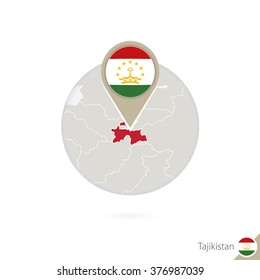 Tajikistan map and flag in circle. Map of Tajikistan, Tajikistan flag pin. Map of Tajikistan in the style of the globe. Vector Illustration.