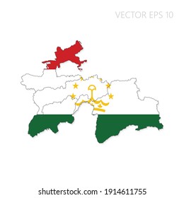 Mapa de Tayikistán con bandera y sombra aislada en fondo blanco. Ilustración del vector EPS10.