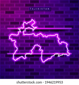 Tajikistan map glowing neon lamp sign. Realistic vector illustration. Country name plate. Purple brick wall, violet glow, metal holders.
