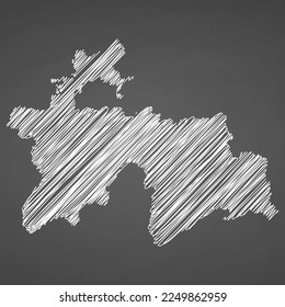 Tajikistan map hand drawn sketch. Vector concept illustration flag, scribble map. Country map for infographic, brochures and presentations isolated on black background. Vector illustration.