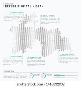 Tajikistan map infographics with abstract pixelated dot pattern on white background. Stylized map concept with elementsl. - Vector illustration