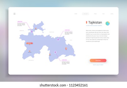Tajikistan map infographics vector template with cities, capital Dushanbe and pointer marks.