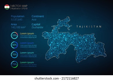 Tadschikistan Karte Infografik Vektorvorlage mit abstraktem geometrischem Mesh Polygonal Lichtkonzept auf blauem Hintergrund. Vorlage für Diagramm, Grafik, Präsentation und Diagramm.