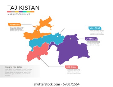 Tajikistan map infographics vector template with regions and pointer marks