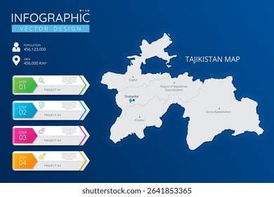 Tajikistan map with location pointer marks. High detailed country map with division, cities and capital infographic template. Vector illustration EPS10