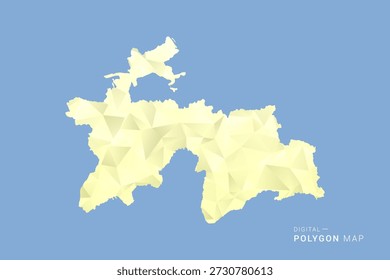 Mapa de Tayikistán en estilo de Vector de polígono de polietileno bajo, ilustración de forma geométrica con tonos amarillos suaves sobre fondo azul, silueta limpia para infografía.