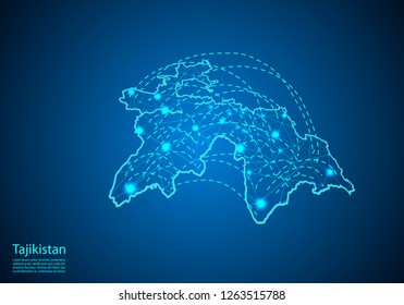 tajikistan map with nodes linked by lines. concept of global communication and business. Dark tajikistan map created from white dots with travel locations or internet connection.