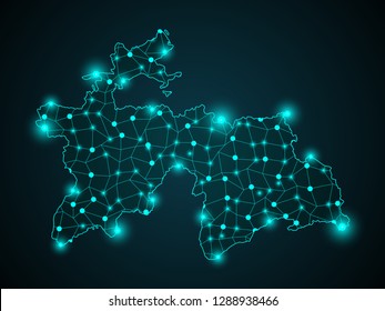 tajikistan map with nodes linked by lines. concept of global communication and business. Dark tajikistan map created from white dots with travel locations or internet connection. - Vector