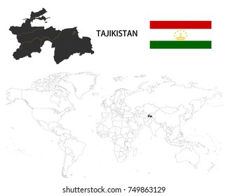 Tajikistan map on a world map with flag on white background.