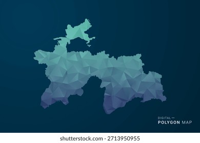 Mapa do Tajiquistão - Ilustração de vetor estilo polígono com Gradiente azul-escuro, baixo design geométrico poly, Digital e tecnologia inspirada, Silhueta limpa no fundo escuro.