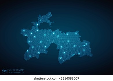 Tajikistan map radial dotted pattern in futuristic style, design blue circle glowing outline made of stars. concept of communication on dark blue background. Vector EPS10