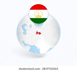 Tajikistan Map with Round Tajikistan Flag Pin Pointer on Circular Globe. Vector map icon.