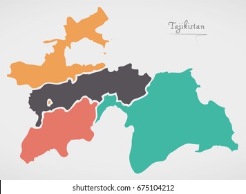 Tajikistan Map with states and modern round shapes