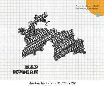 Tajikistan map of vector black silhouette chaotic hand drawn scribble sketch on grid paper used for notes or decoration.