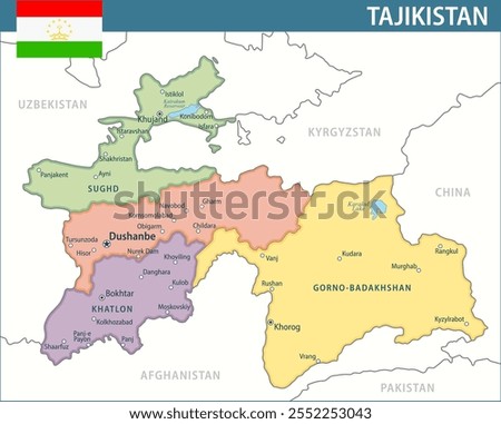 Tajikistan Map Vector New 2024 Colorful - Customizable layered political map of Tajikistan with administrative divisions for website, education, reports, news, politics, print, poster and wallpaper
