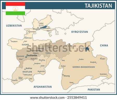Tajikistan Map Vector Vintage Dark Blue Beige- Customizable layered political map of Tajikistan with administrative divisions for website, education, reports, news, politics, print, poster and wallpap