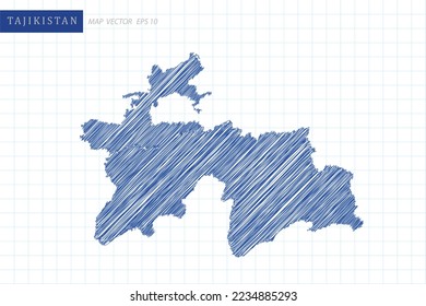 Karte Tadschikistan - Weltkarte Internationale Vektorvorlage mit blauem Skizzenstil und Stift-Zeichenketten einzeln auf weißem Hintergrund für Design, Website - Vektorgrafik eps10