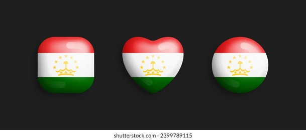 Tajikistan Official National Flag 3D Vector Glossy Icons In Rounded Square, Heart And Circle Form Isolated On Background. Tajik Sign And Symbols Graphic Design Elements Volumetric Buttons Collection