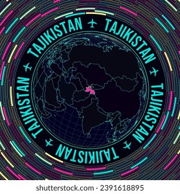 Tajikistan on globe. Satelite view of the world centered to Tajikistan. Bright neon style. Futuristic radial bricks background. Charming vector illustration.