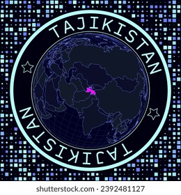 Tajikistan on globe vector. Futuristic satelite view of the world centered to Tajikistan. Geographical illustration with shape of country and squares background. Bright neon colors on dark background.