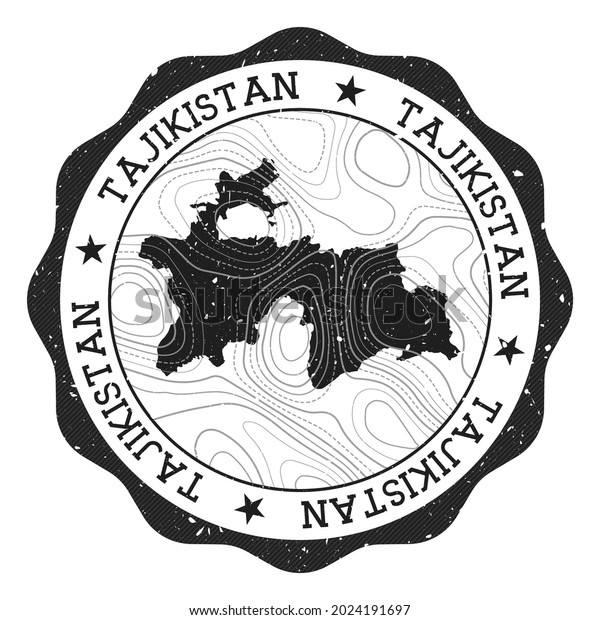 Tajikistan\
outdoor stamp. Round sticker with map of country with topographic\
isolines. Vector illustration. Can be used as insignia, logotype,\
label, sticker or badge of the\
Tajikistan.