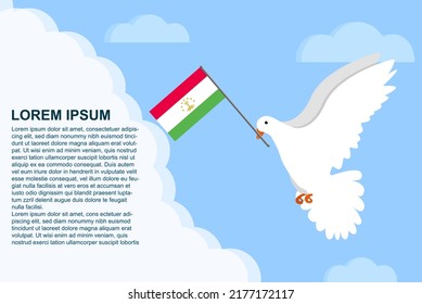 Tajikistan peace concept with text area, Dove of Peace bird with Tajikistan flag in its beak, dove flying in the clouds, vector illustration design, Tajikistan peace day template, freedom idea
