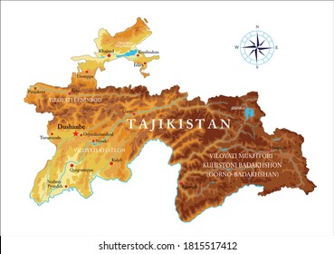 Tajikistan physical map ,in vector format,with all the relief forms,regions and big cities.