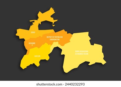 Tajikistan political map of administrative divisions - regions, autonomous region of Gorno-Badakhshan, districts of Republican Subordination and capital city of Dushanbe. Yellow shade flat vector map
