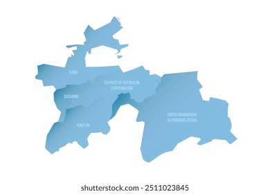 Mapa político de divisões administrativas do Tajiquistão - regiões, região autônoma de Gorno-Badakhshan, distritos de Subordinação Republicana e capital de Duchambé. Mapa de vetor sombreado com 3D