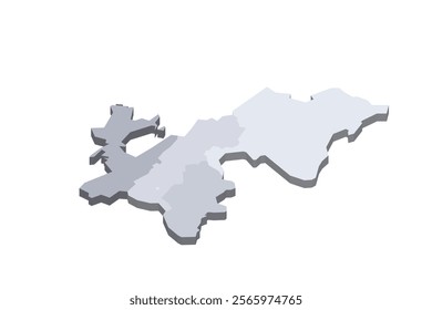 Tajikistan political map of administrative divisions - regions, autonomous region of Gorno-Badakhshan, districts of Republican Subordination and capital city of Dushanbe. 3D isometric blank vector map